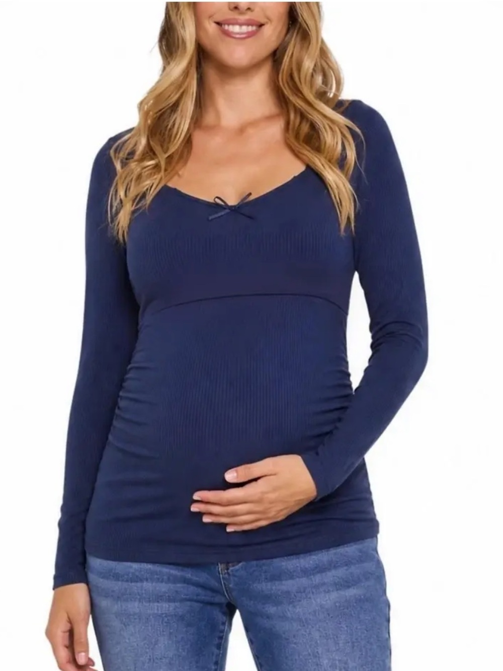 Motherhood Navy Long-Sleeve Maternity Top with Bow Detail